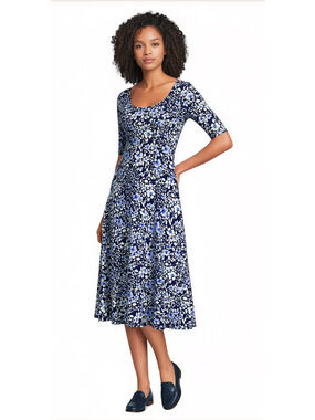 Lands End L 14-16 Starfish Elbow Sleeve Midi Fit & Flare Dress Blue Floral